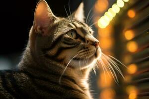 a tabby cat looking out the window at night generative AI photo