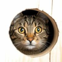 a tabby cat peeks out of a hole in a wooden wall generative AI photo