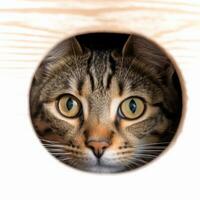 a tabby cat peeking out from a hole in a wooden wall generative AI photo