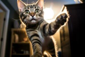 a tabby cat reaching for something in the dark generative AI photo