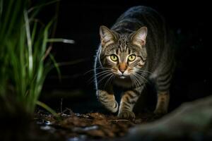 a tabby cat walking in the dark generative AI photo