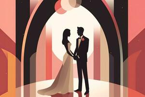 a wedding illustration with a bride and groom standing in front of an arch generative AI photo