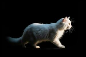 a white cat walking in the dark on a black background generative AI photo