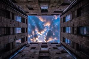 un ver de el cielo mediante un ventana en un antiguo edificio generativo ai foto