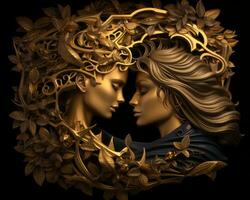 a woman and a man are surrounded by gold leaves generative AI photo