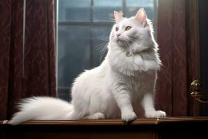 a white cat sitting on top of a window sill generative AI photo