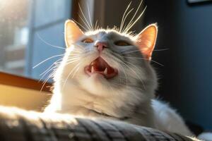 un blanco gato bostezando en frente de un ventana generativo ai foto