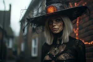 a woman dressed as a witch in a black dress and hat generative AI photo