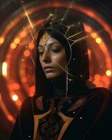 a woman in a black and gold costume with a glowing star on her head generative AI photo