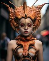 a woman dressed in a costume with an orange headpiece generative AI photo