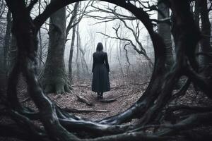 un mujer en un negro vestir en pie en el medio de un oscuro bosque generativo ai foto