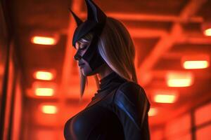 a woman in a batman costume standing in a dark room generative AI photo