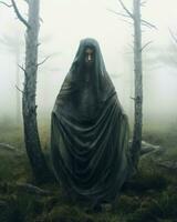 a woman in a black cloak standing in the middle of a foggy forest generative AI photo