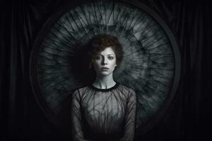 a woman in a black dress standing in front of a circular mirror generative AI photo