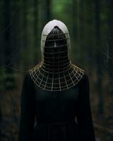 a woman in a black dress and hooded mask in the woods generative AI photo