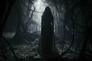 a woman in a black dress standing in a dark forest generative AI photo