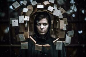 a woman in a black hoodie surrounded by boxes generative AI photo