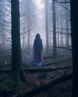 a woman in a blue cloak standing in the middle of a forest generative AI photo