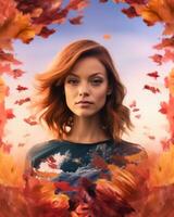 a woman in a blue shirt surrounded by autumn leaves generative AI photo