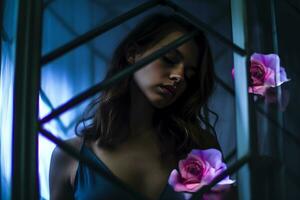 a woman in a blue dress standing in front of a window with pink roses generative AI photo