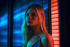 a woman in a blue dress stands in front of a red and blue light generative AI photo