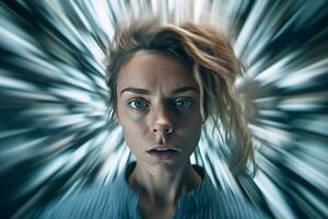 a woman in a blue shirt is looking up at the camera generative AI photo