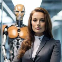 a woman in a business suit standing in front of a robot generative AI photo
