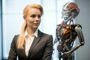 a woman in a business suit standing next to a robot generative AI photo