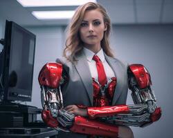 a woman in a business suit with a robot arm generative AI photo