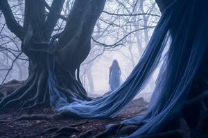 a woman in a blue dress stands in the middle of a dark forest generative AI photo