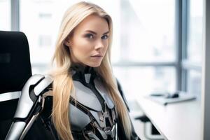 a woman in a cyborg suit sitting at a desk generative AI photo