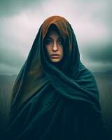 a woman in a dark cloak standing in the middle of a field generative AI photo