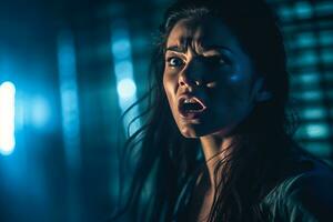 a woman in a dark room with her mouth open generative AI photo
