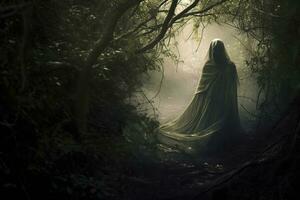 a woman in a cloak is standing in the woods generative AI photo