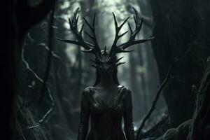 a woman in a forest with deer horns on her head generative AI photo