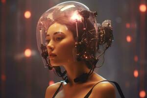 a woman in a futuristic helmet with red lights generative AI photo