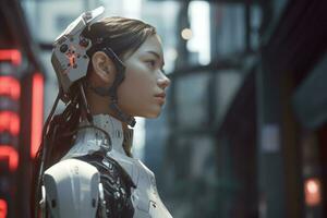 a woman in a futuristic outfit standing in the middle of a city street generative AI photo
