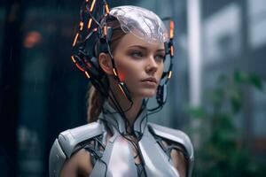 a woman in a futuristic outfit with a helmet on her head generative AI photo