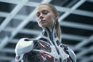 a woman in a futuristic suit standing in front of a wall generative AI photo
