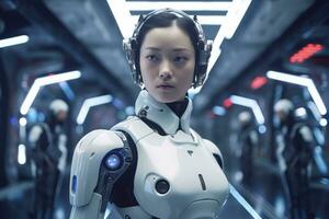 a woman in a futuristic robot suit stands in front of a group of people generative AI photo