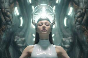 a woman in a futuristic outfit with her hands on her head generative AI photo