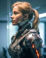 a woman in a futuristic suit standing in an office generative AI photo