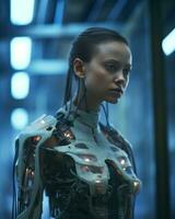 a woman in a futuristic suit standing in a hallway generative AI photo