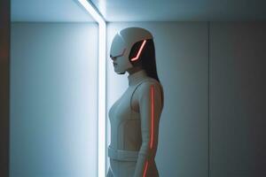 a woman in a futuristic suit standing in front of a mirror generative AI photo