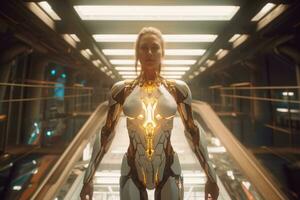 a woman in a futuristic suit standing on an escalator generative AI photo
