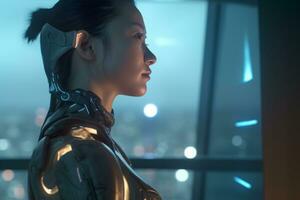 a woman in a futuristic suit stands in front of a window generative AI photo