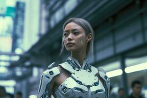 a woman in a futuristic suit stands in the middle of a city generative AI photo
