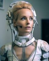 a woman in a futuristic suit with headphones on her head generative AI photo