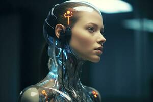 a woman in a futuristic suit with headphones on her head generative AI photo