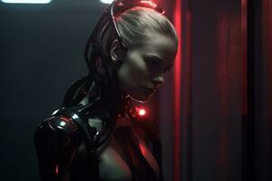 a woman in a futuristic suit with red lights generative AI photo